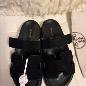 Hermes Black Women's Two-Strap Suede Slide Sandals